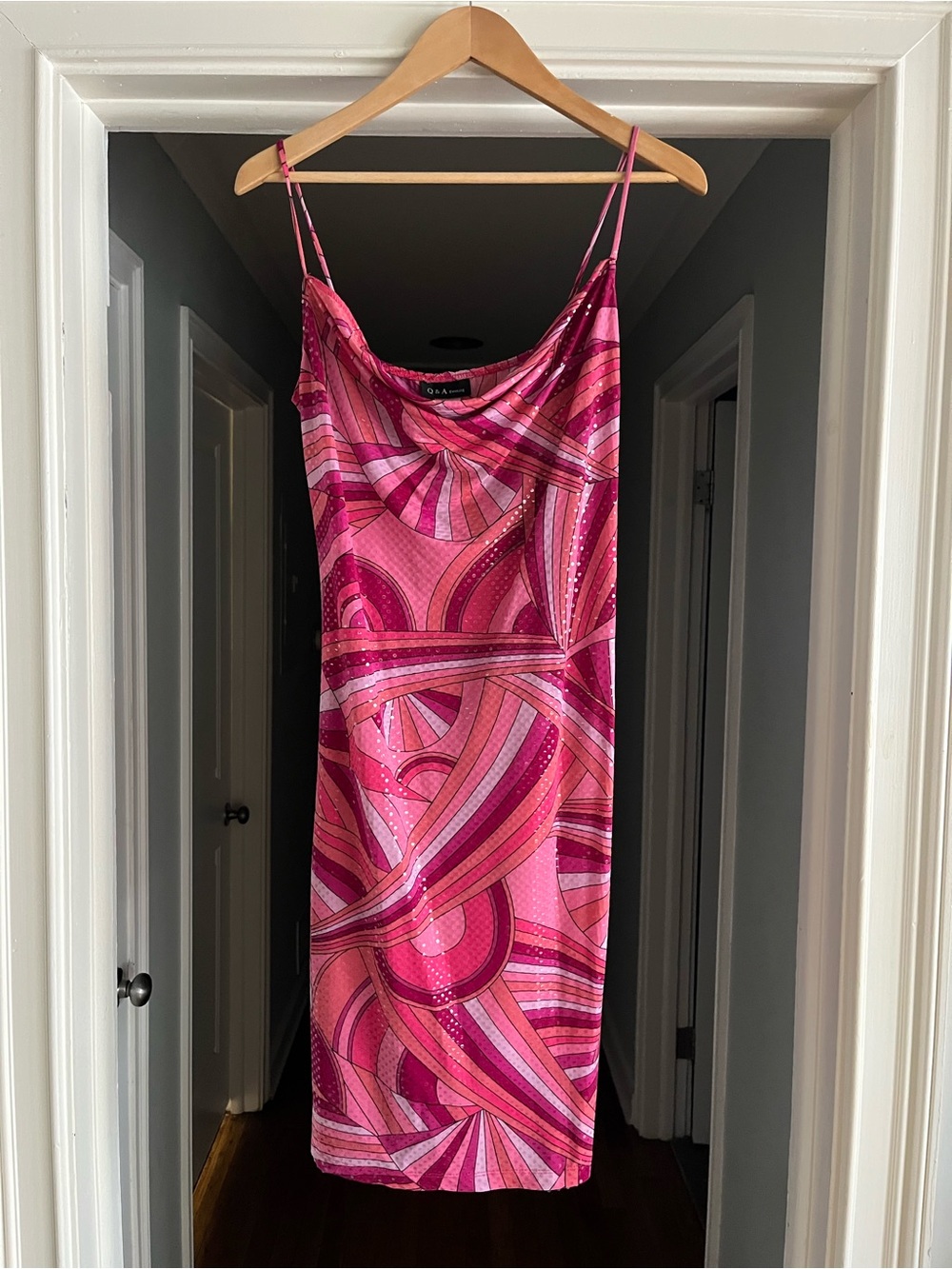 Y2K Pink abstract print cowl neck spaghetti strap midi party dress